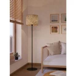 Eglo BUTTERBURN Staande lampen staal zwart / textiel met berkenbladeren beige, groen H: 1620 mm | Ø 360 mm Discount