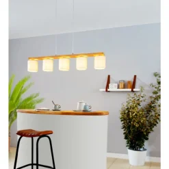 Eglo CASTRALVO hanglamp staal, hout nikkel-mat, bruin / textiel wit H: 1100 mm Discount