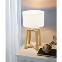 Eglo CHIETINO 1 Tafellampen hout, staal natuur, chroom / textiel wit H: 440 mm | Ø 260 mm