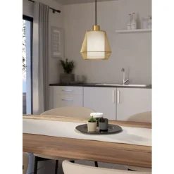 Eglo CIUDADELA hanglamp staal zwart / staal, textiel geborsteld messing, wit H: 1100 mm | Ø 180 mm Online