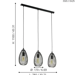 Eglo CLEVEDON hanglamp staal zwart H: 1100 mm Online