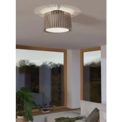 Eglo FATTORIA Plafondarmaturen staal zwart / hout, textiel natuur, wit H: 240 mm | Ø 380 mm Best