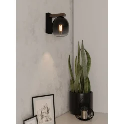 Eglo FILAGO Wandlamp hout, staal bruin, zwart / Glas zwart, grijs, transparant H: 200 mm Clearance