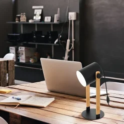 Eglo HORNWOOD Tafellampen staal zwart, crème / Hout bruin H: 420 mm Hot