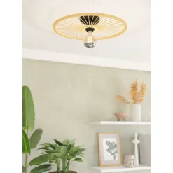 Eglo LEOMINSTER Wand-/plafondlamp staal zwart / Hout natuur H: 90 mm | Ø 450 mm Online