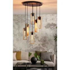 Eglo LITTLETON hanglamp staal zwart / Hout bruin H: 1500 mm | Ø 500 mm Hot