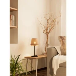 Eglo TABLEY Tafellampen staal zwart / textiel, hout natuurlijk, bruin H: 425 mm | Ø 190 mm Clearance