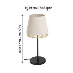 Eglo TABLEY Tafellampen staal zwart / textiel, hout natuurlijk, bruin H: 425 mm | Ø 190 mm Clearance