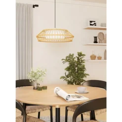 Eglo YUKU-Z hanglamp staal wit / hout, textiel bruin, wit H: 1100 mm | Ø 460 mm