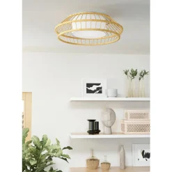 Eglo YUKU-Z Plafondarmaturen staal wit / hout, textiel bruin, wit H: 160 mm | Ø 460 mm