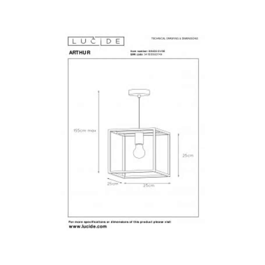 Lucide ARTHUR - Hanglamp - E27 - Zwart Hot