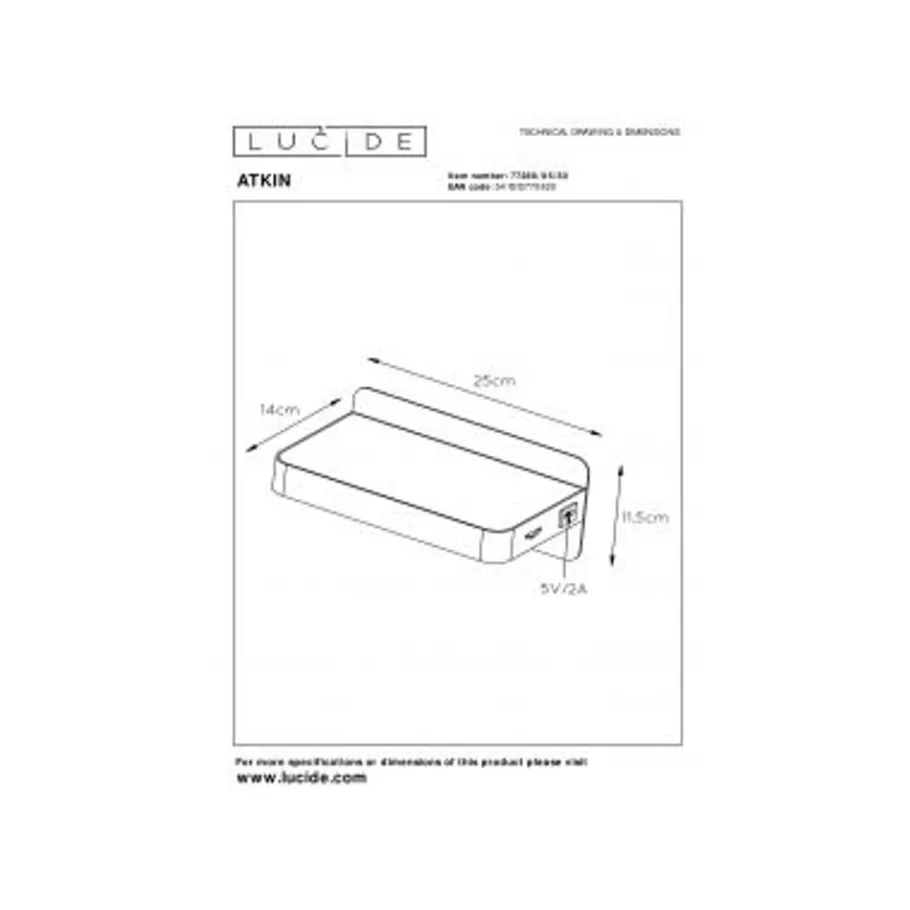 Lucide ATKIN - Bedlamp - LED - 1x5W 2700K - Met USB oplaadpunt - Zwart Clearance