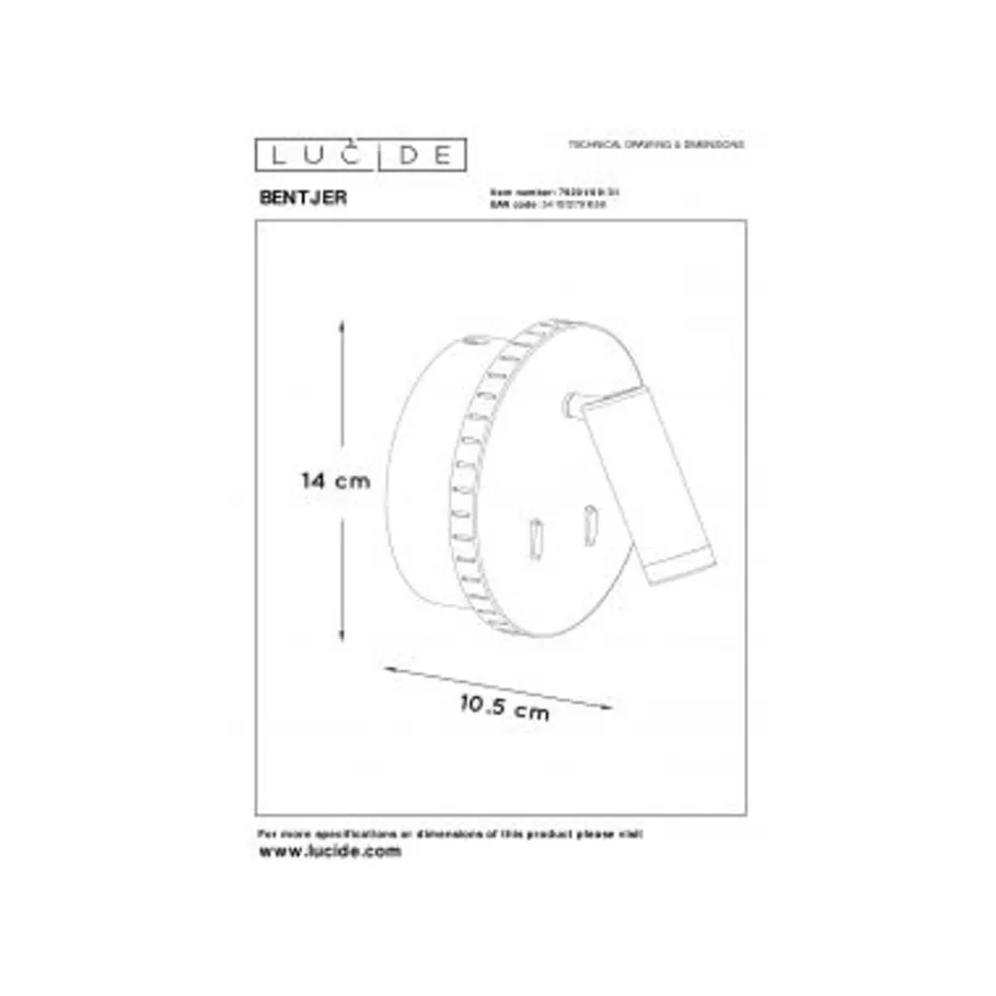 Lucide BENTJER - Wandlamp - Ø 14 cm - LED - 3000K - Wit Clearance