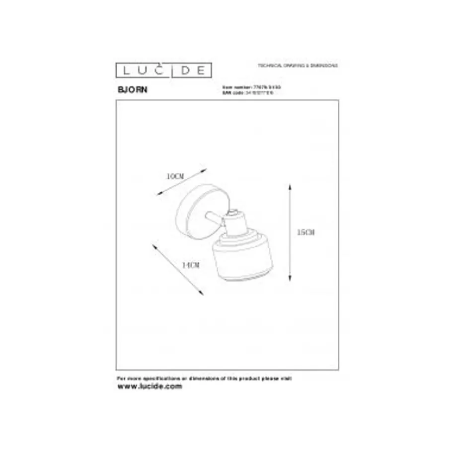 Lucide BJORN - Wandspot - 1xE14 - Zwart New