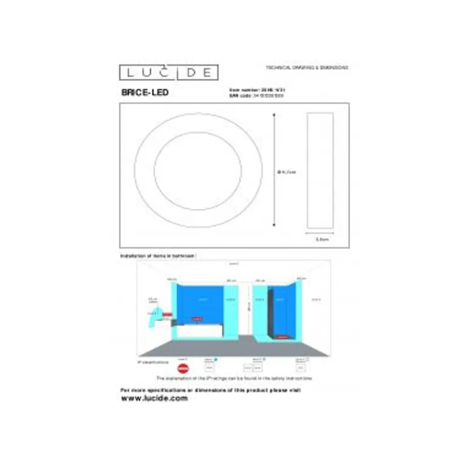 Lucide BRICE-LED - Plafonnière Badkamer - Ø 11,7 cm - LED Dimb. - 1x8W 3000K - IP44 - Wit New