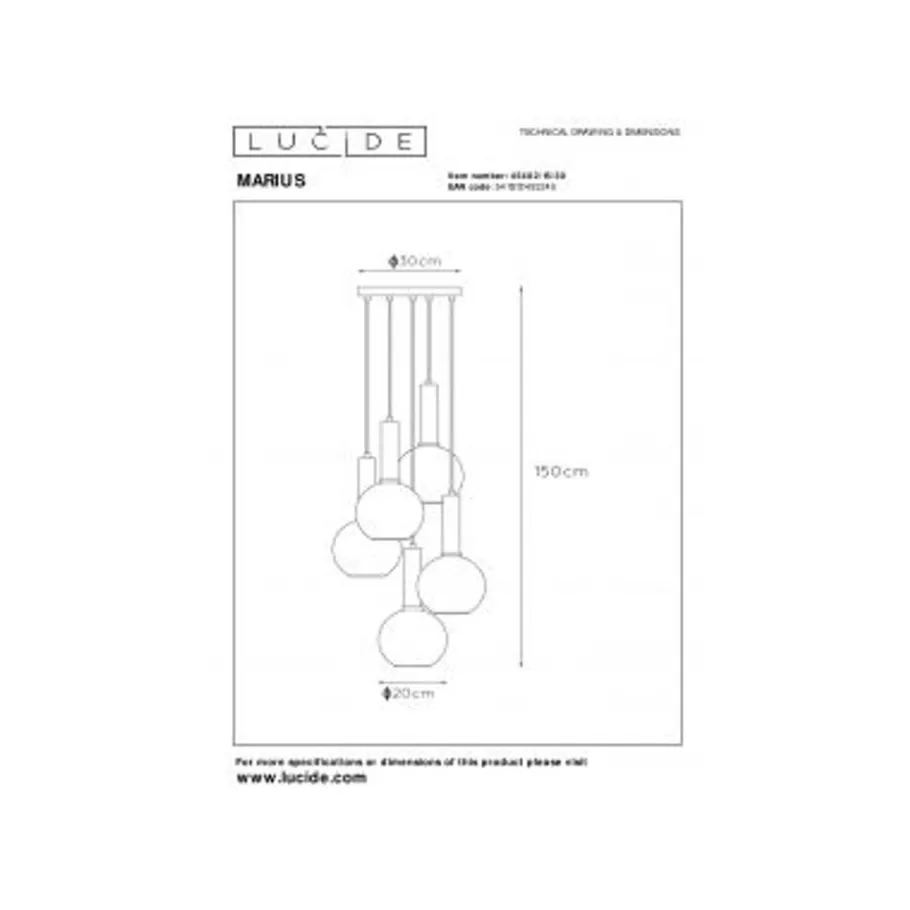 Lucide MARIUS Hanglamp-Zwart-Ø55-5xE27-40W-Glas Outlet