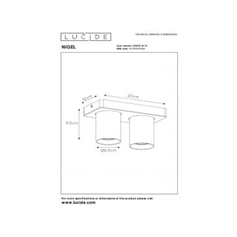 Lucide NIGEL Plafondspot 2xGU10/5W DTW Wit Hot